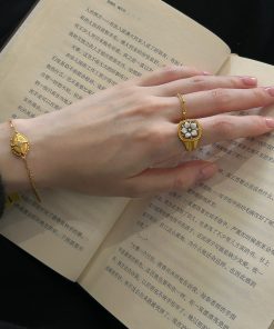 Vintage Gold Square Flower Ring with Fine Chain and Steel Beads - Oversized Stacking Ring for Women, Boho Chic Style