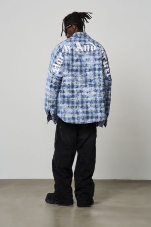 Vintage Gothic Typography U-Shaped Printed Shirt Jacket - Quilted Outerwear for a Harsh and Cruel Aesthetic