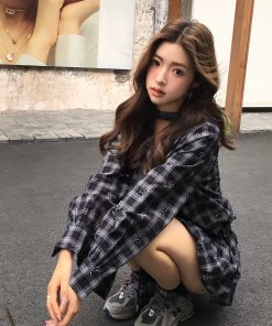 Vintage Gray-Black Plaid Long Sleeve Dress Shirt with Bow - Slim Fit Butterfly Design, Perfect for 90s and Y2K Style