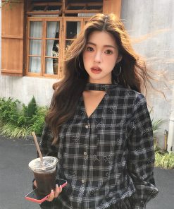 Vintage Gray-Black Plaid Long Sleeve Dress Shirt with Bow - Slim Fit Butterfly Design, Perfect for 90s and Y2K Style