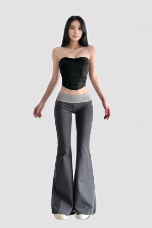 Vintage Gray Embroidered Color-Block Low-Waist Flared Pants - Slim-Fit Casual Sports Bottoms for Effortless Style