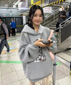 Vintage Gray Hooded Sweatshirt for Women with Fleece, Polka Dot Dog Print, High Street Style, Casual Fall Fashion Hoodie