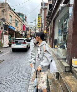 Vintage Gray Hooded Sweatshirt for Women with Fleece, Polka Dot Dog Print, High Street Style, Casual Fall Fashion Hoodie