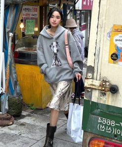 Vintage Gray Hooded Sweatshirt for Women with Fleece, Polka Dot Dog Print, High Street Style, Casual Fall Fashion Hoodie