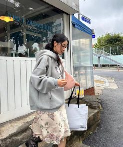 Vintage Gray Hooded Sweatshirt for Women with Fleece, Polka Dot Dog Print, High Street Style, Casual Fall Fashion Hoodie