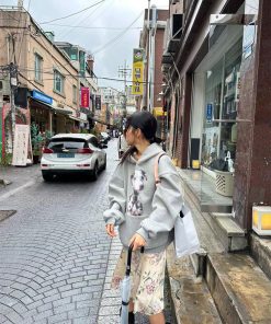 Vintage Gray Hooded Sweatshirt for Women with Fleece, Polka Dot Dog Print, High Street Style, Casual Fall Fashion Hoodie