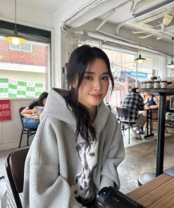 Vintage Gray Hooded Sweatshirt for Women with Fleece, Polka Dot Dog Print, High Street Style, Casual Fall Fashion Hoodie