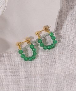 Vintage Green Agate Beaded Ear Clips for Women, No Piercing Floating Earrings, Spring Summer Chinese Style Fashion Jewelry