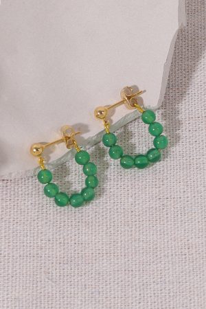 Vintage Green Agate Beaded Ear Clips for Women, No Piercing Floating Earrings, Spring Summer Chinese Style Fashion Jewelry