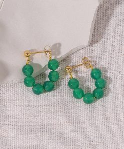 Vintage Green Agate Beaded Ear Clips for Women, No Piercing Floating Earrings, Spring Summer Chinese Style Fashion Jewelry