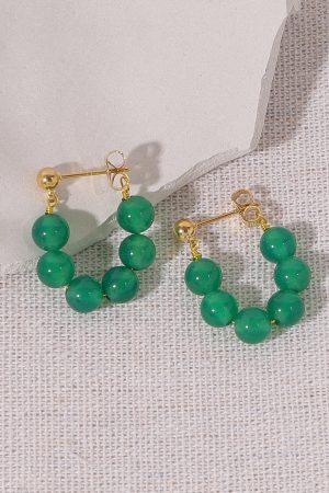 Vintage Green Agate Beaded Ear Clips for Women, No Piercing Floating Earrings, Spring Summer Chinese Style Fashion Jewelry