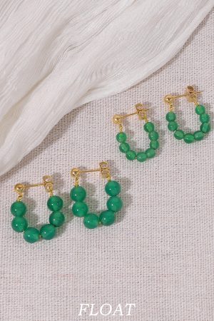 Vintage Green Agate Beaded Ear Clips for Women, No Piercing Floating Earrings, Spring Summer Chinese Style Fashion Jewelry