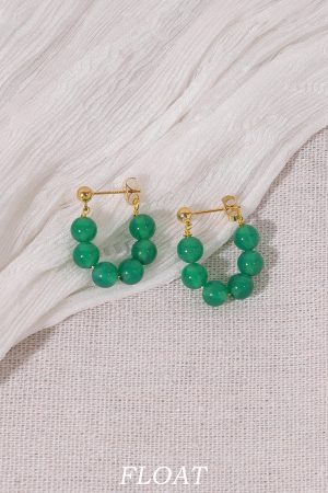 Vintage Green Agate Beaded Ear Clips for Women, No Piercing Floating Earrings, Spring Summer Chinese Style Fashion Jewelry