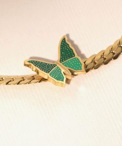 Vintage Green Butterfly Choker Necklace in Titanium Steel, Minimalist Cuban Flat Design, High-End Light Luxury for European and American Style