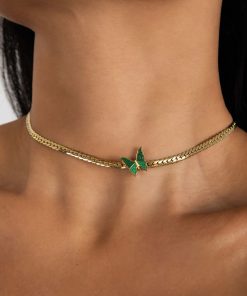 Vintage Green Butterfly Choker Necklace in Titanium Steel, Minimalist Cuban Flat Design, High-End Light Luxury for European and American Style