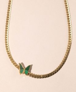 Vintage Green Butterfly Choker Necklace in Titanium Steel, Minimalist Cuban Flat Design, High-End Light Luxury for European and American Style