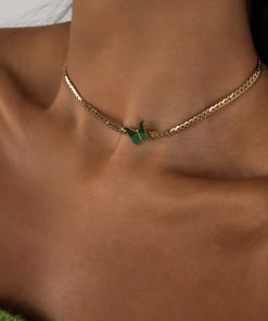 Vintage Green Butterfly Choker Necklace in Titanium Steel, Minimalist Cuban Flat Design, High-End Light Luxury for European and American Style