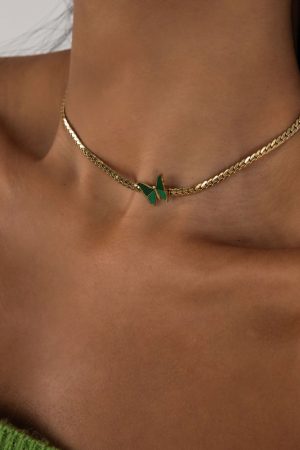 Vintage Green Butterfly Choker Necklace in Titanium Steel, Minimalist Cuban Flat Design, High-End Light Luxury for European and American Style