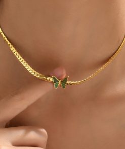 Vintage Green Butterfly Choker Necklace in Titanium Steel, Minimalist Cuban Flat Design, High-End Light Luxury for European and American Style