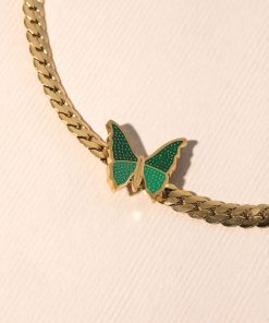 Vintage Green Butterfly Choker Necklace in Titanium Steel, Minimalist Cuban Flat Design, High-End Light Luxury for European and American Style