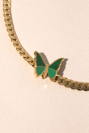 Vintage Green Butterfly Choker Necklace in Titanium Steel, Minimalist Cuban Flat Design, High-End Light Luxury for European and American Style