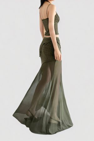 Vintage Green Irregular Waist Mesh Midi Skirt - Sexy Sheer Bodycon Floor-Length Design for Y2K and 90s Inspired Fashion