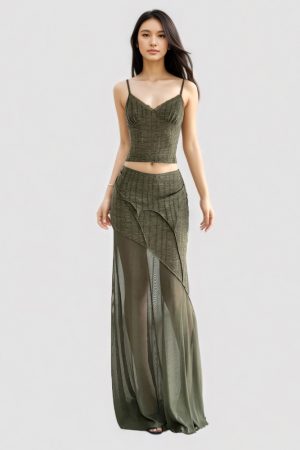 Vintage Green Irregular Waist Mesh Midi Skirt - Sexy Sheer Bodycon Floor-Length Design for Y2K and 90s Inspired Fashion