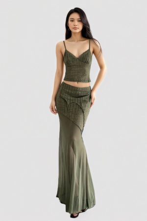 Vintage Green Irregular Waist Mesh Midi Skirt - Sexy Sheer Bodycon Floor-Length Design for Y2K and 90s Inspired Fashion