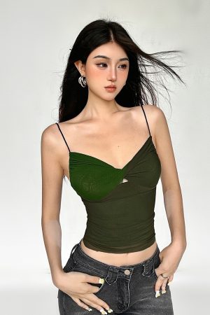 Vintage Green Mesh Camisole - Plant-Based Retro Patchwork Slim Fit Sexy Top for Women - Y2K Inspired Fashion