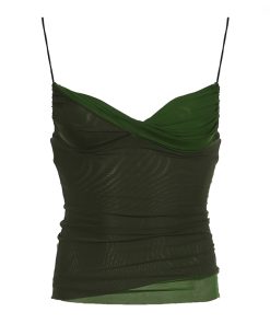 Vintage Green Mesh Camisole - Plant-Based Retro Patchwork Slim Fit Sexy Top for Women - Y2K Inspired Fashion