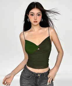 Vintage Green Mesh Camisole - Plant-Based Retro Patchwork Slim Fit Sexy Top for Women - Y2K Inspired Fashion