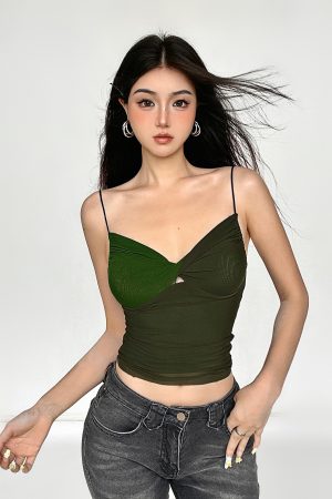Vintage Green Mesh Camisole - Plant-Based Retro Patchwork Slim Fit Sexy Top for Women - Y2K Inspired Fashion