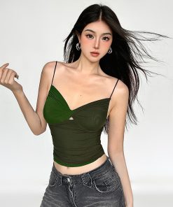 Vintage Green Mesh Camisole - Plant-Based Retro Patchwork Slim Fit Sexy Top for Women - Y2K Inspired Fashion