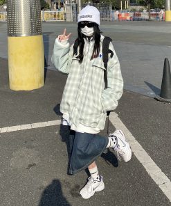 Vintage Green Plaid Baseball Jacket for Men and Women - Thick Loose Fit Winter Coat, Retro Style, Unisex Outerwear