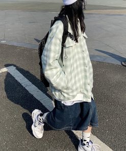 Vintage Green Plaid Baseball Jacket for Men and Women - Thick Loose Fit Winter Coat, Retro Style, Unisex Outerwear