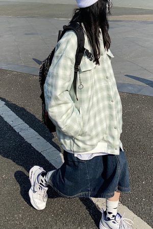 Vintage Green Plaid Baseball Jacket for Men and Women - Thick Loose Fit Winter Coat, Retro Style, Unisex Outerwear