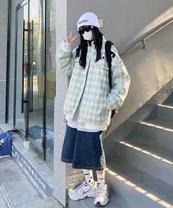 Vintage Green Plaid Baseball Jacket for Men and Women - Thick Loose Fit Winter Coat, Retro Style, Unisex Outerwear