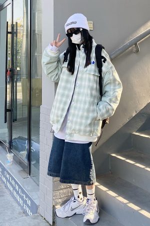 Vintage Green Plaid Baseball Jacket for Men and Women - Thick Loose Fit Winter Coat, Retro Style, Unisex Outerwear