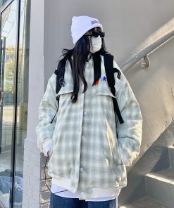 Vintage Green Plaid Baseball Jacket for Men and Women - Thick Loose Fit Winter Coat, Retro Style, Unisex Outerwear