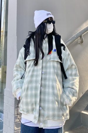 Vintage Green Plaid Baseball Jacket for Men and Women - Thick Loose Fit Winter Coat, Retro Style, Unisex Outerwear