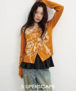 Vintage Hand-Painted Flower Color-Block Round Neck Fine Wool Knitted Cardigan - 90s Inspired Fashion Statement Piece