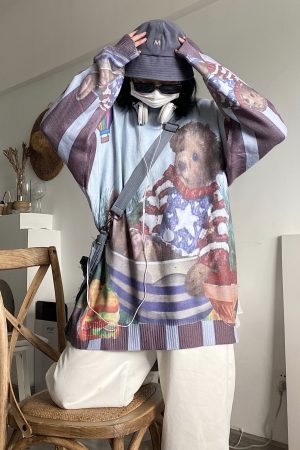 Vintage Handmade Bear Knitted Sweater for Autumn Winter - Loose Unisex Korean Style Versatile Cozy Knitwear