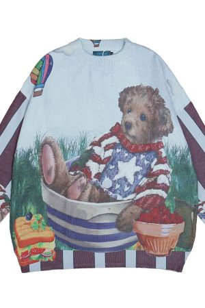 Vintage Handmade Bear Knitted Sweater for Autumn Winter - Loose Unisex Korean Style Versatile Cozy Knitwear