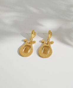 Vintage Harp Earrings for Women - French Court Style Long Ear Clips, Niche Musical Instrument Design, Unique Fashion Jewelry