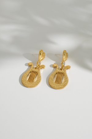 Vintage Harp Earrings for Women - French Court Style Long Ear Clips, Niche Musical Instrument Design, Unique Fashion Jewelry