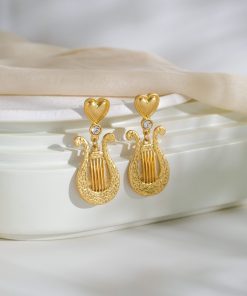 Vintage Harp Earrings for Women - French Court Style Long Ear Clips, Niche Musical Instrument Design, Unique Fashion Jewelry