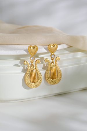 Vintage Harp Earrings for Women - French Court Style Long Ear Clips, Niche Musical Instrument Design, Unique Fashion Jewelry