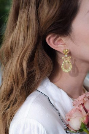 Vintage Harp Earrings for Women - French Court Style Long Ear Clips, Niche Musical Instrument Design, Unique Fashion Jewelry