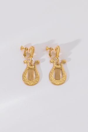 Vintage Harp Earrings for Women - French Court Style Long Ear Clips, Niche Musical Instrument Design, Unique Fashion Jewelry