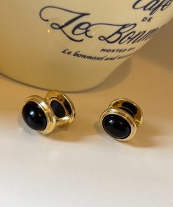 Vintage High-End Black Agate Earrings - Niche Design Versatile Ear Clips for Timeless Elegance